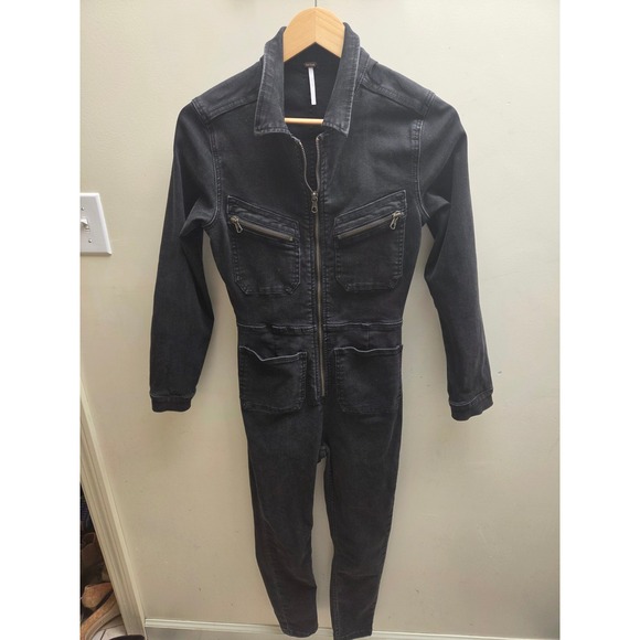 Free People Pants - Free People Marci Denim Jumpsuit Washed Black Long Sleeve Utility Romper Small